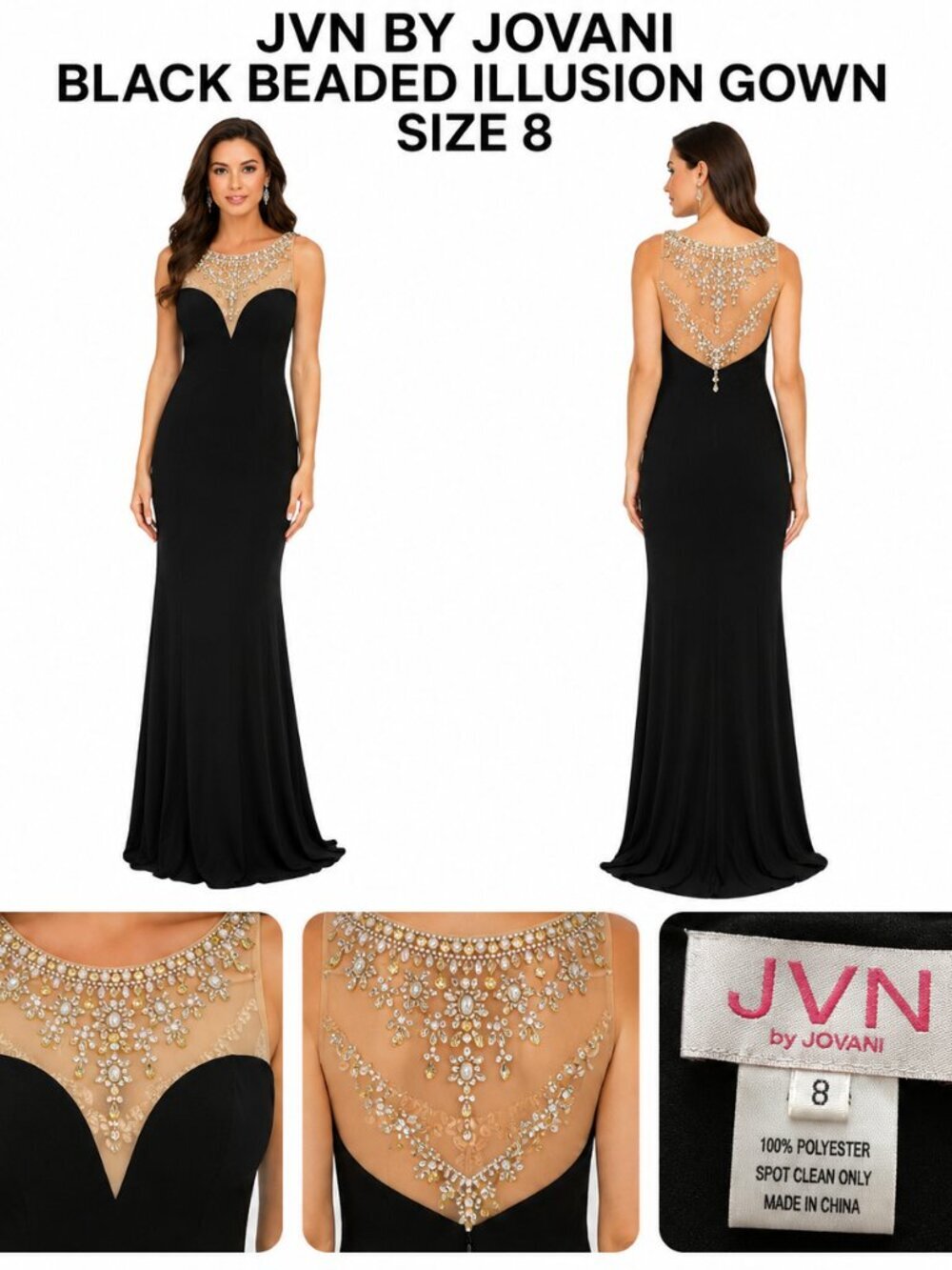 JVN BY JOVANI BLACK BEADED ILLUSION GOWN SIZE 8